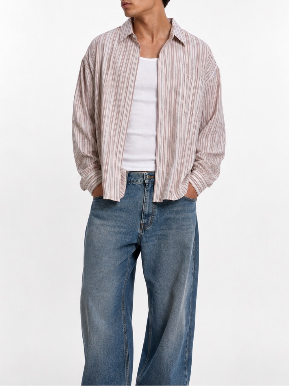 Standard Cloth Shirt Medium Crinkle Striped Oversized Fit Skater Core Downtown